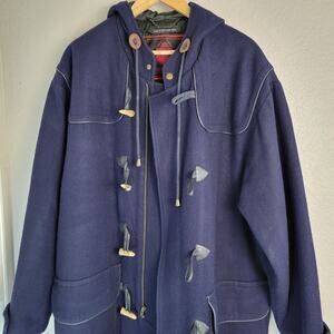 Vtg 90s Structure Duffle Coat Mens Medium Navy Hood Wool Blend Long Toggle READ